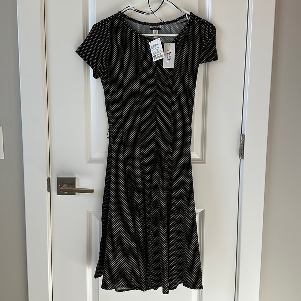 Petite medium, black, stretchy flare dress with polka dots.
